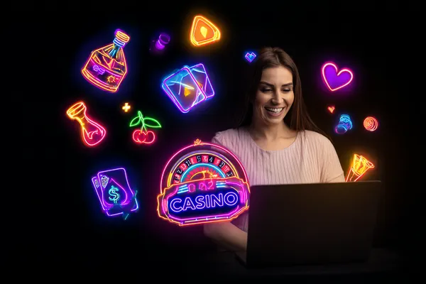 A woman smiling while playing online games on her laptop, surrounded by neon casino elements, showcasing ZEUS75’s diverse game collection.